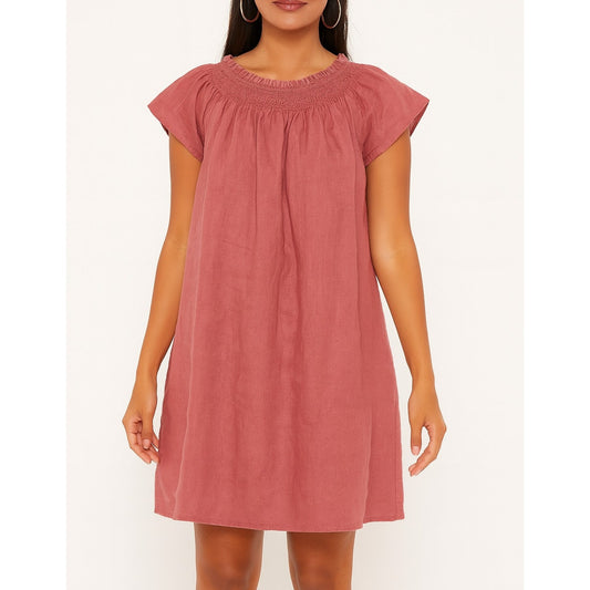 Wilfred Aritzia Persuasion Flutter Sleeve Linen Mini Dress Rust Rose Red Pink S