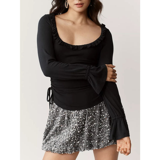 Maeve Anthropologie Long Sleeve Ruffle Scoop Neck Ruched Top Black Small