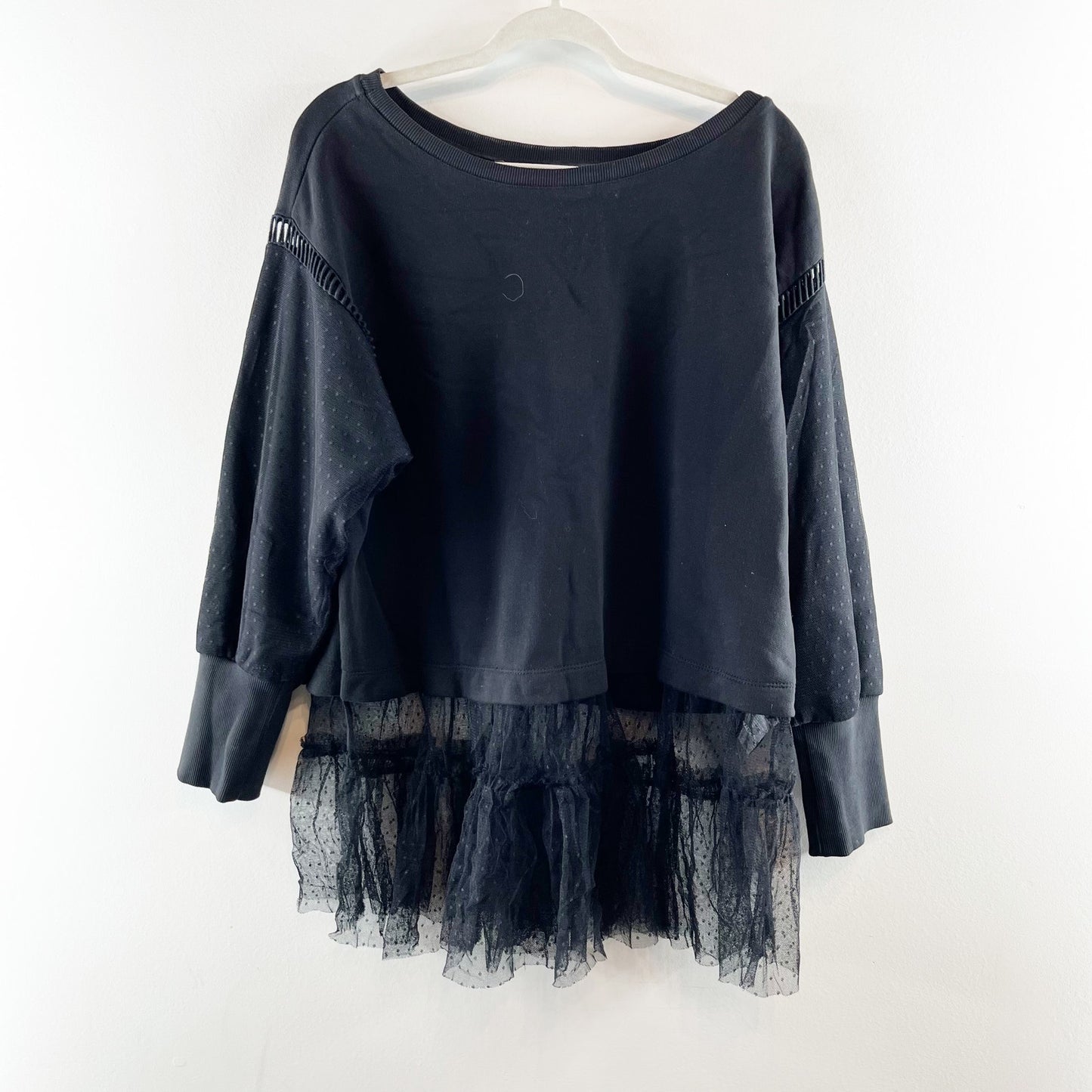 Anthropologie Tulle Layered Pullover Long Sleeve Mini Sweatshirt Black Large P