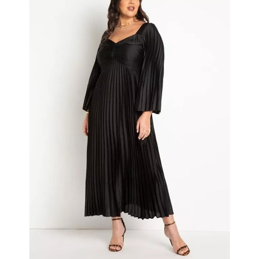 ELOQUII Pleated Satin Long Sleeve Maxi Dress Black 16