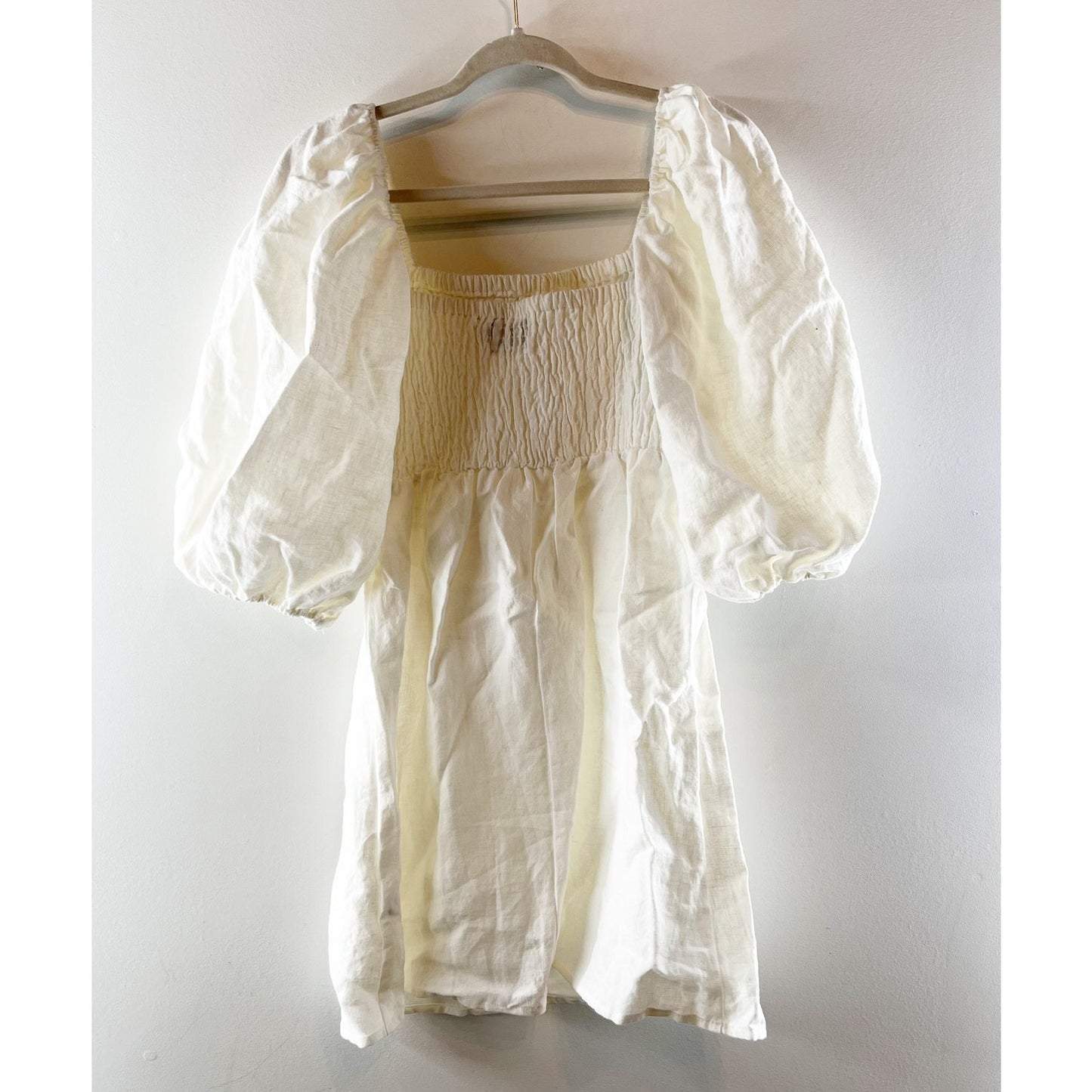 Tuckernuck Linen Square Neck Elbow Length Puff Sleeve Mini Dress Ivory Small