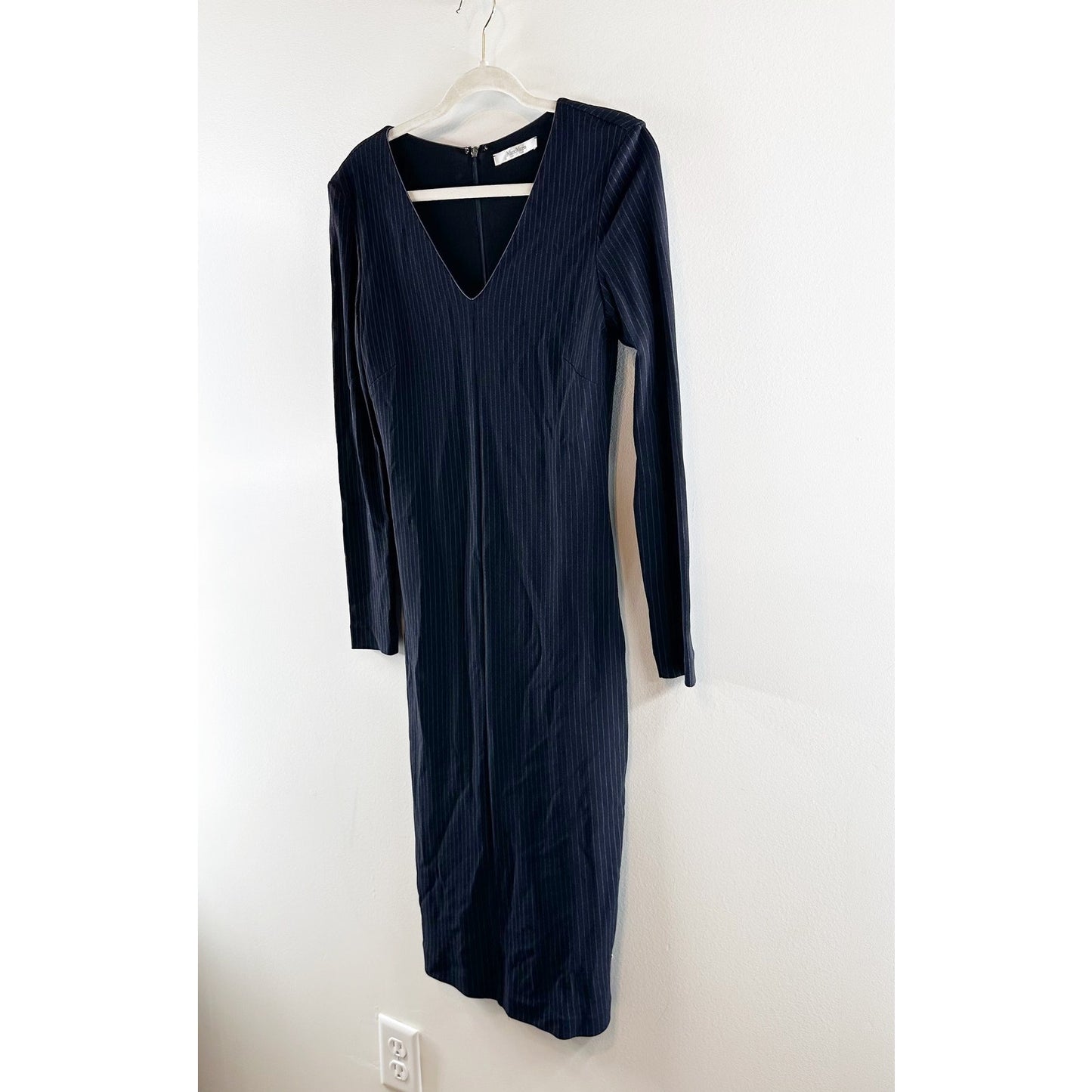 Hugo Boss V Neck Long Sleeve Pinstripe Midi Dress Navy Blue 6