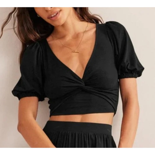 Boden V Neck Twist Front Jersey Short Puff Sleeve Crop Top Shirt Black 8