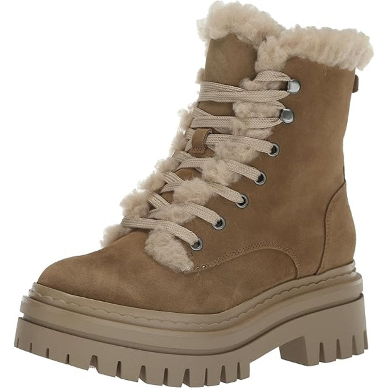 Sam Edelman Kyler Suede Lace Up Block Heel Faux Fur Ankle Combat Boots Tan 9.5