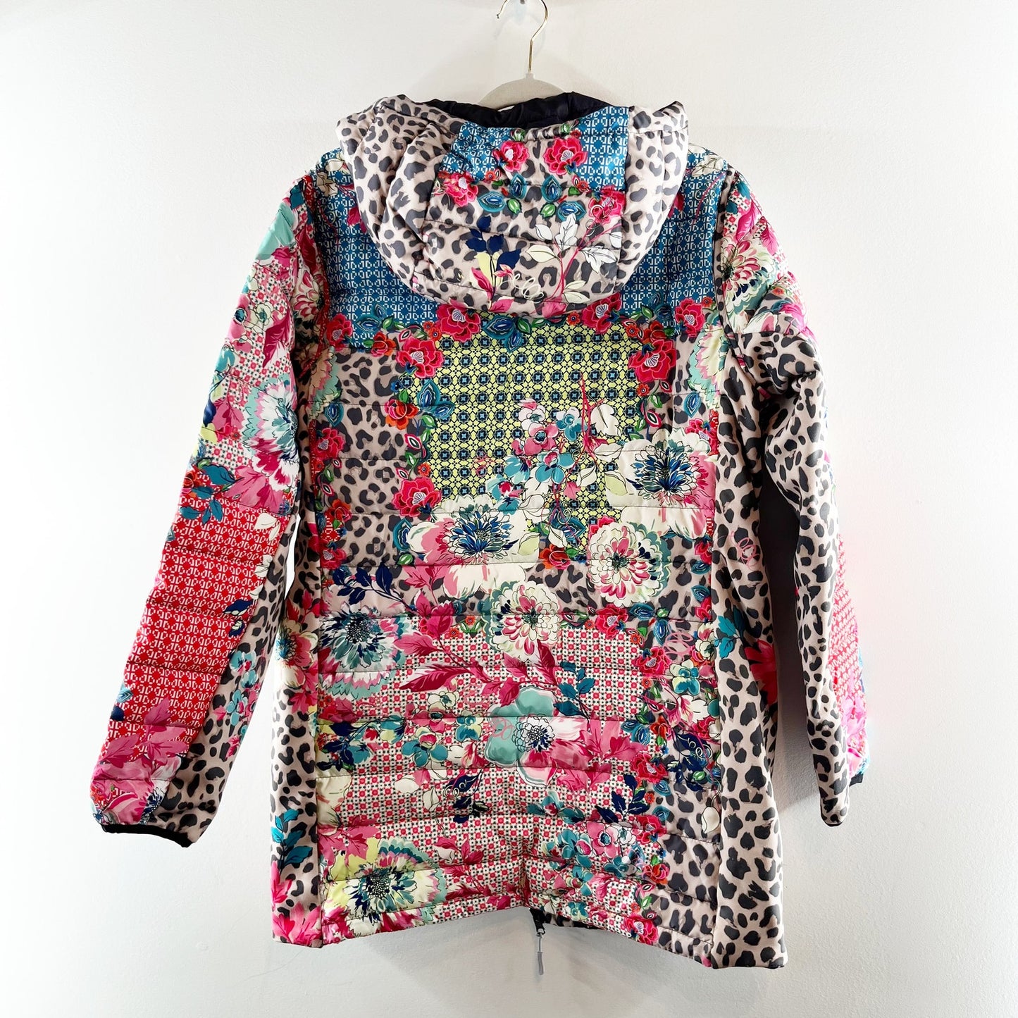 Johnny Was Lubello Reversible Full Zip Leopard Floral Puffer Jacket Black Large