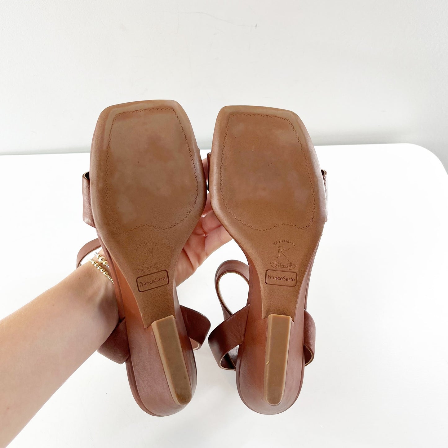 Franco Sarto Savini Ankle Strap Leather Square Toe Wedge Sandals Brown 9