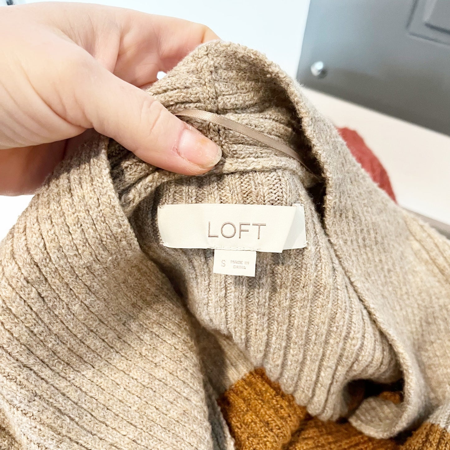 LOFT Colorblock Patch Pocket Open Front Ribbed Cardigan Sweater Multi Small