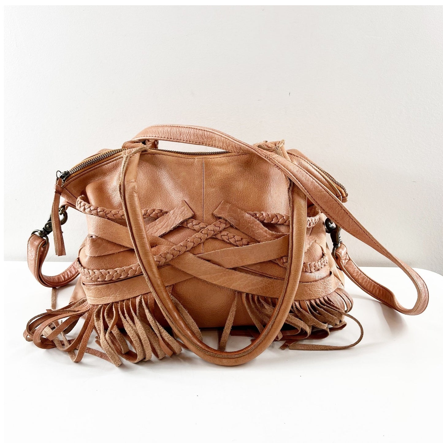 Day & Mood Crossbody Leather Fringe Satchel Purse Bag Brown