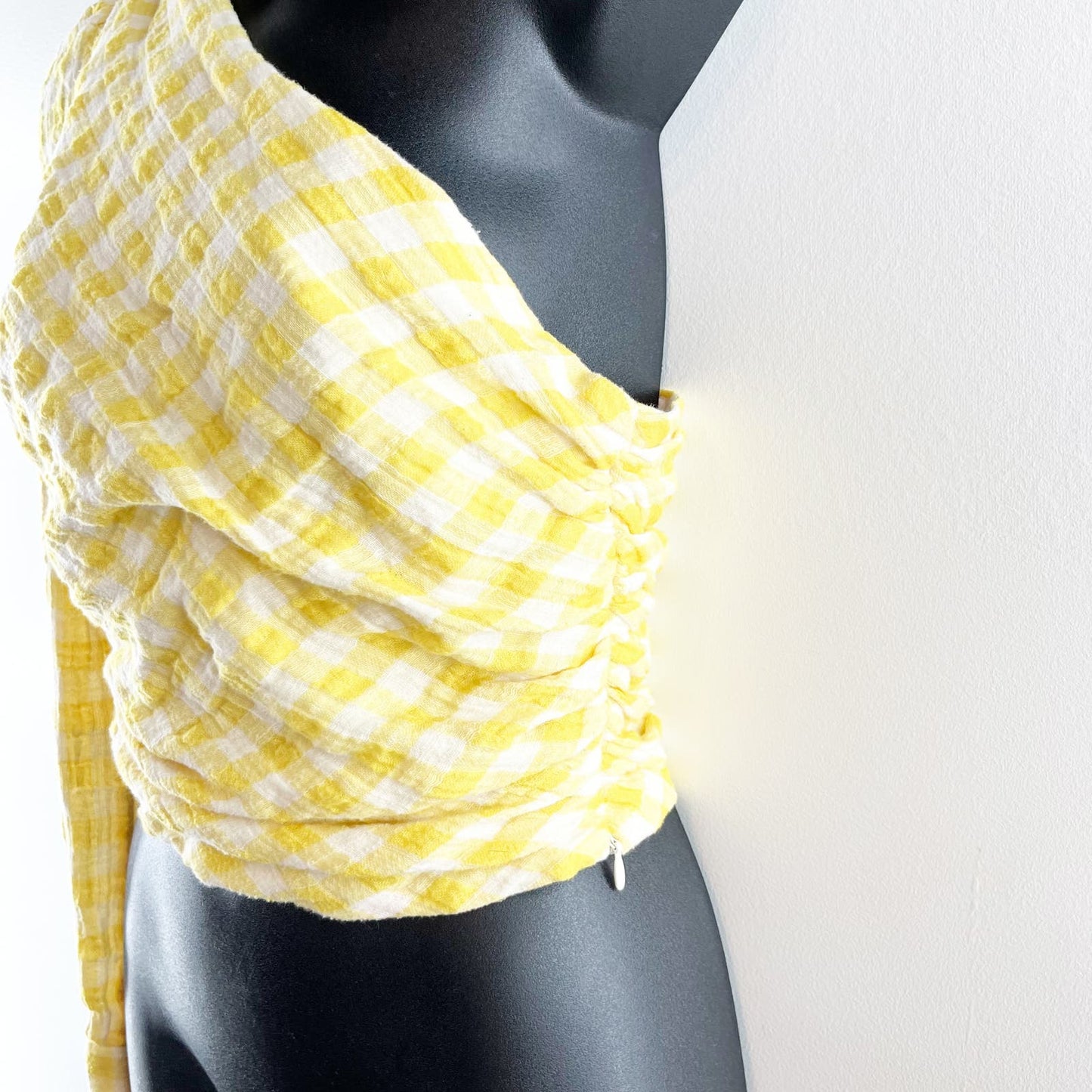ZARA One Shoulder Gingham Plaid Cropped Top Butter Yellow Medium