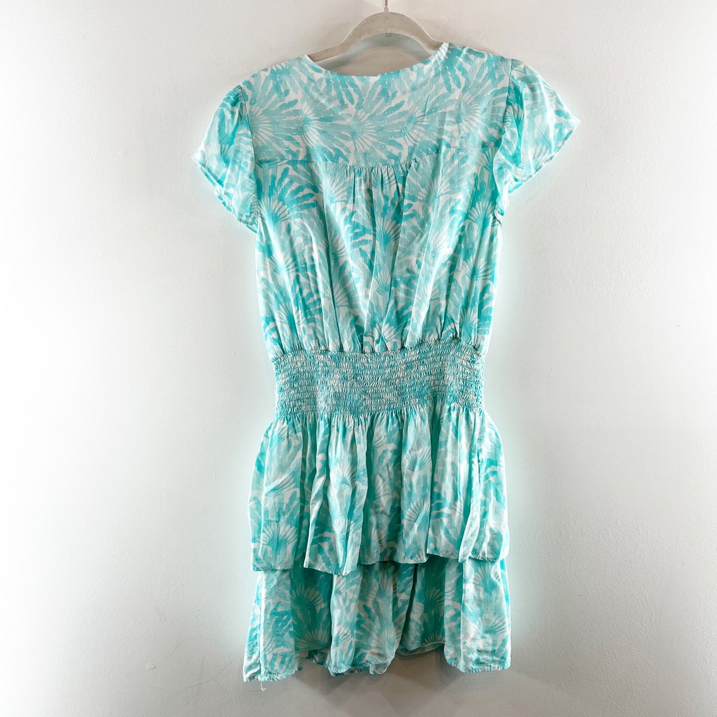 Vineyard Vines Short Flutter Sleeve Tiered Smocked Waist Mini Dress Mint Green S