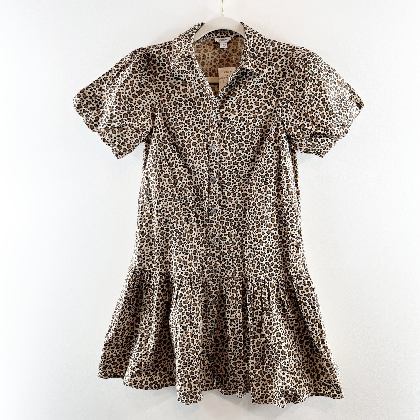 J. Crew Bubble Short Puff Sleeve Button Up Drop Waist Leopard Print Mini Dress