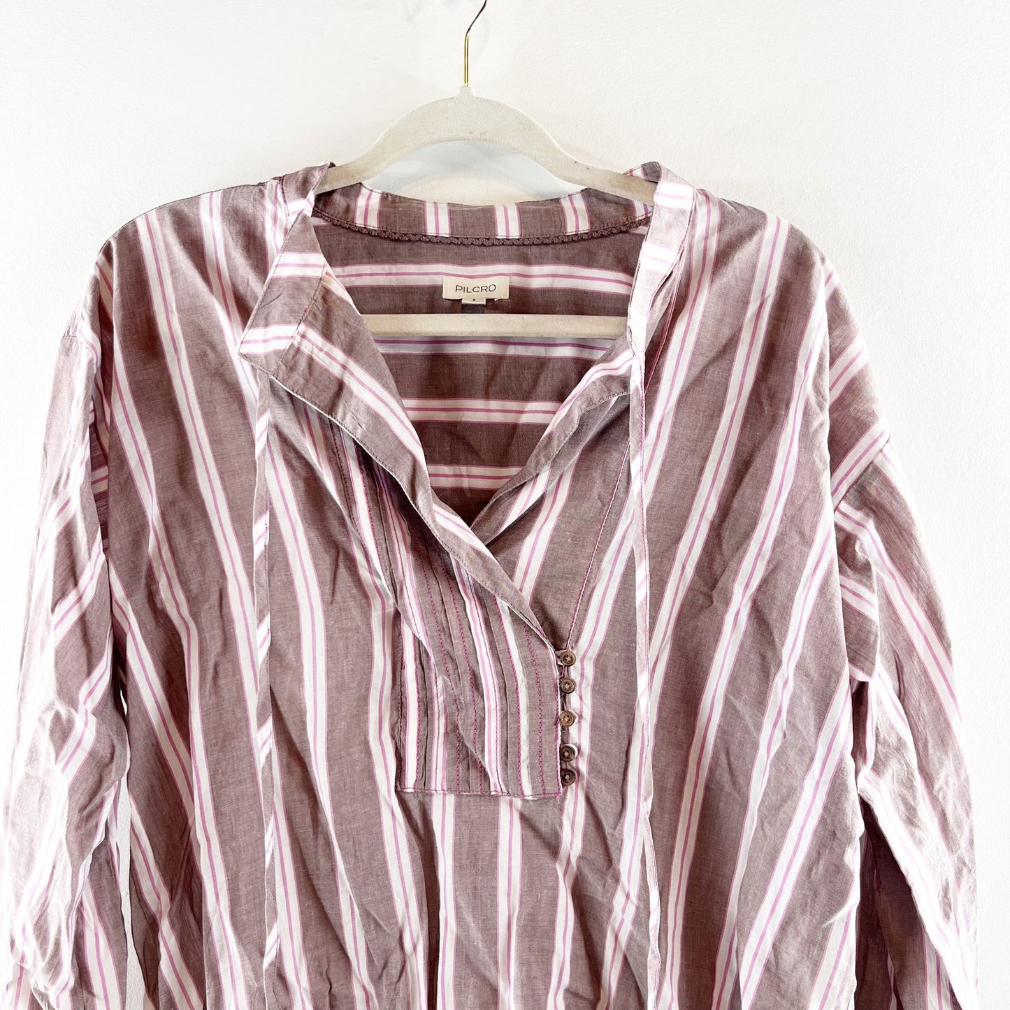 Pilcro Anthropologie Long-Sleeve Striped Popover Top Blouse Dusty Pink Small