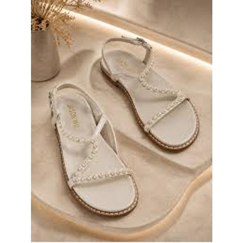 Jason Wu Pearl-Embellished Leather Strappy Flat Slingback Sandals White 8