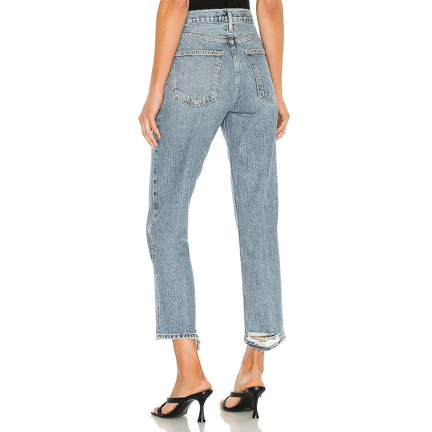 AGOLDE Lana High Rise Cropped Button Fly Straight Leg Jeans Blue 25