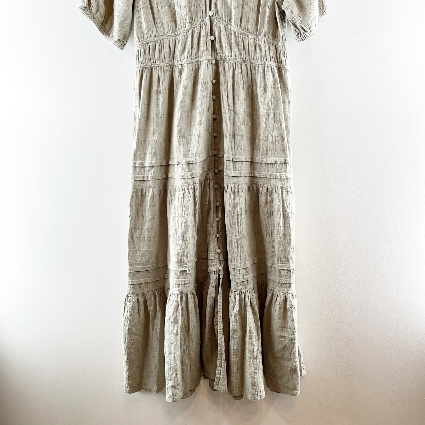 Lucky Brand Cotton Button Up Tiered Short Sleeve Maxi Dress Green Large