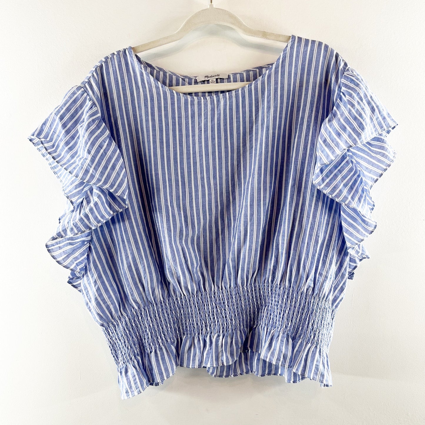 Madewell Flutter Sleeve Smocked Waist Striped Top Blue XL