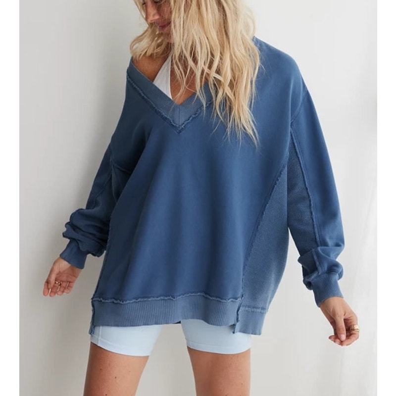 Aerie Vacay Every Day Long Sleeve V-Neck Sweatshirt Faded Blue Wash Small