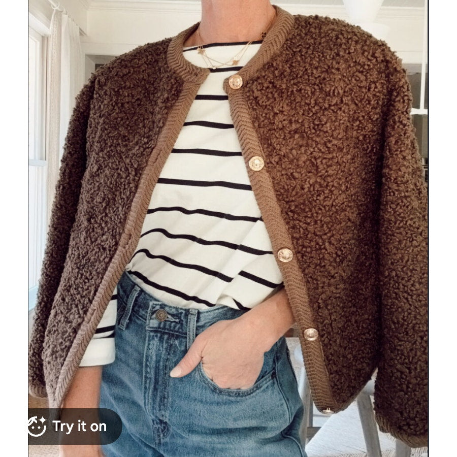 Pretty Garden Boucle Button Up Sweater Cardigan Jacket Brown Small