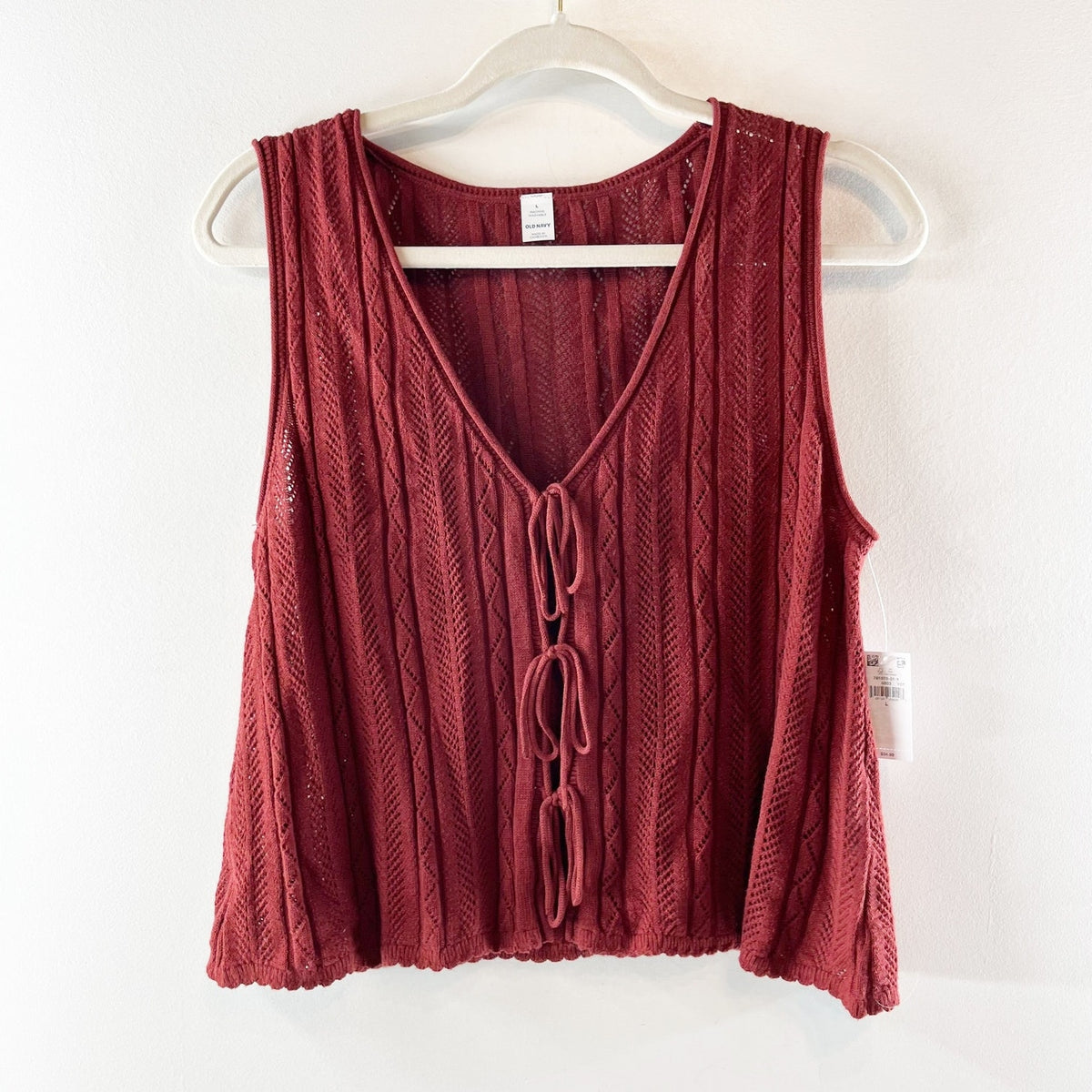 Old Navy Sleeveless Crochet Pointelle Knit Tie Front Top Maroon Large