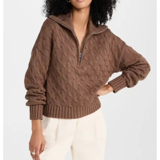 NSF Aminah Cable Knit 1/2 Zip Long Sleeve Sweater Pullover Brown Small