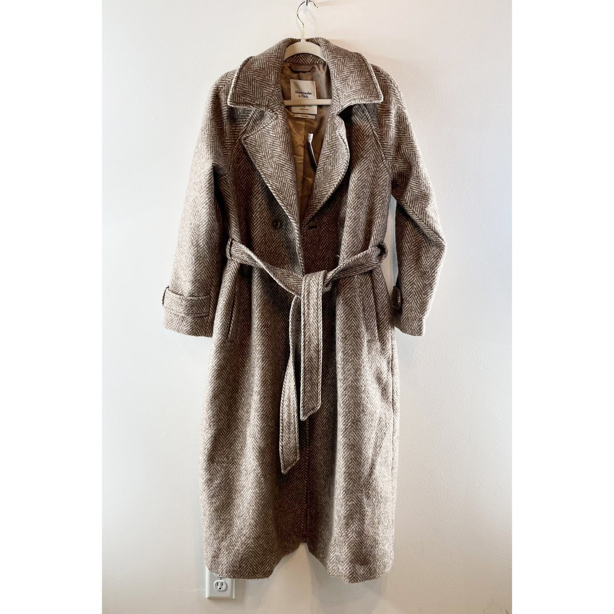 Abercrombie Carrie Wool Blend Belted Trench Coat Brown Herringbone Small