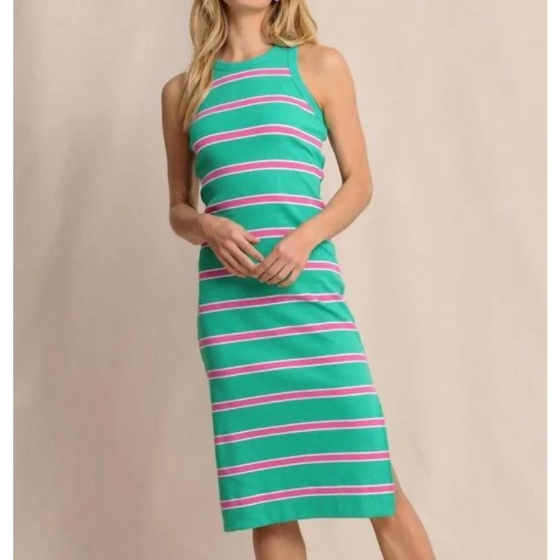 Southern Tide Sleeveless Ribbed Striped Quinn Midi Dress Green Pink Small