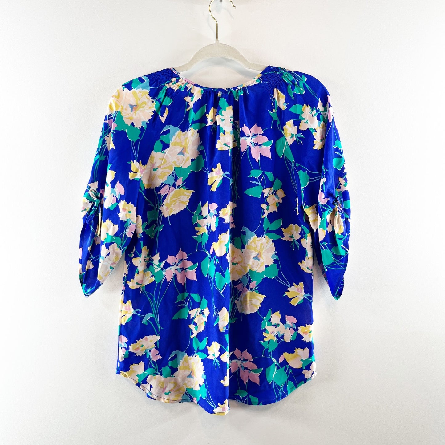 Yumi Kim Blue Floral 100% Silk 3/4 Sleeve Blouse Top Shirt Blue Yellow  XS