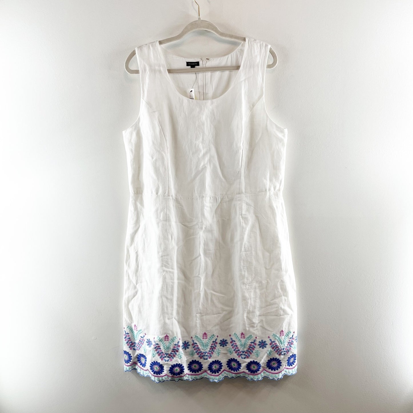 Talbots Linen Floral Embroidered Hem Sleeveless Shift Dress White 14