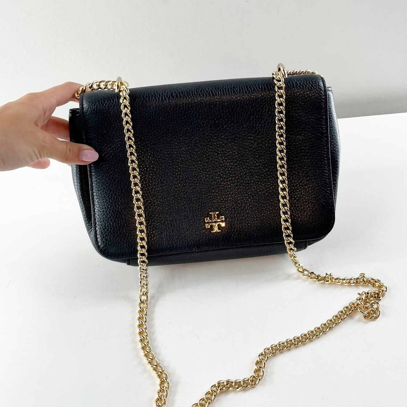 Tory Burch Carter Chain Crossbody Leather Shoulder Bag Purse Black Gold