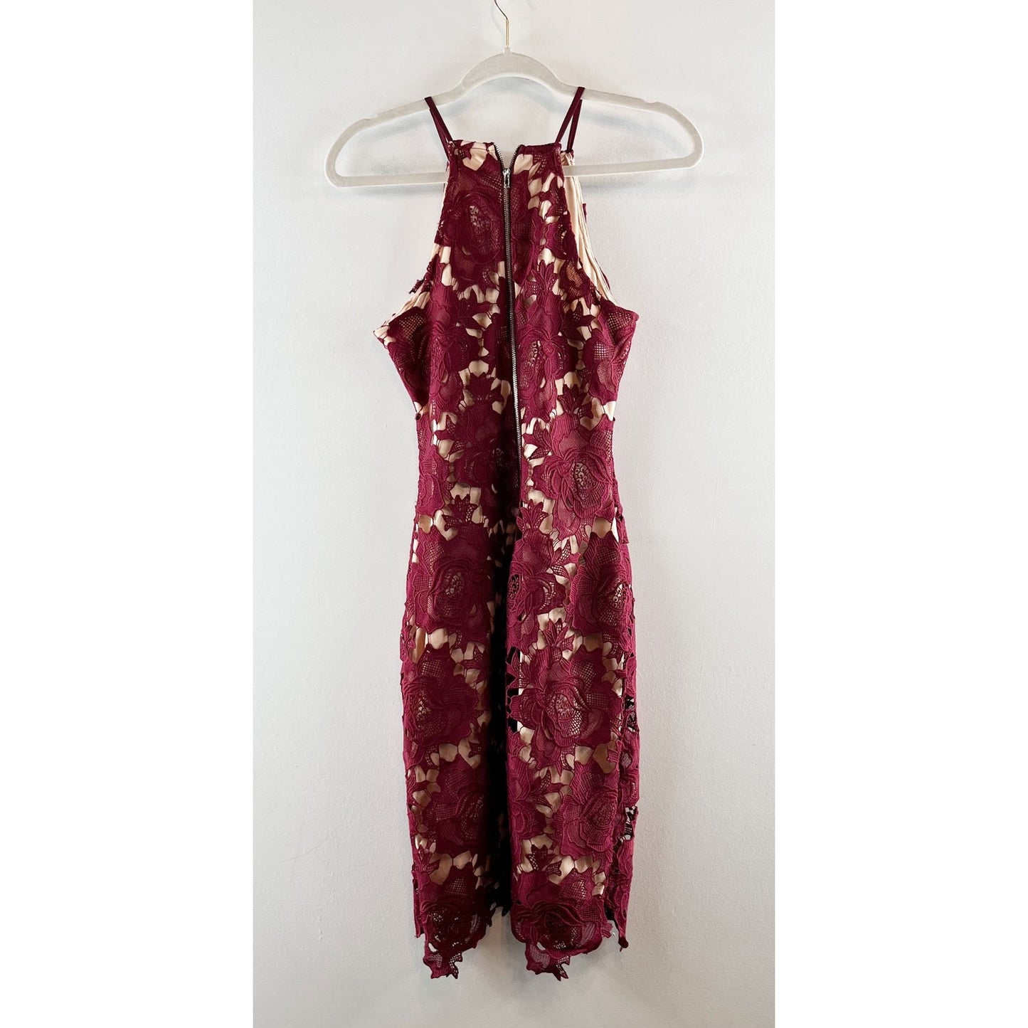 Lulus Floral Lace Sleeveless Fitted Midi Dress Maroon Red Small