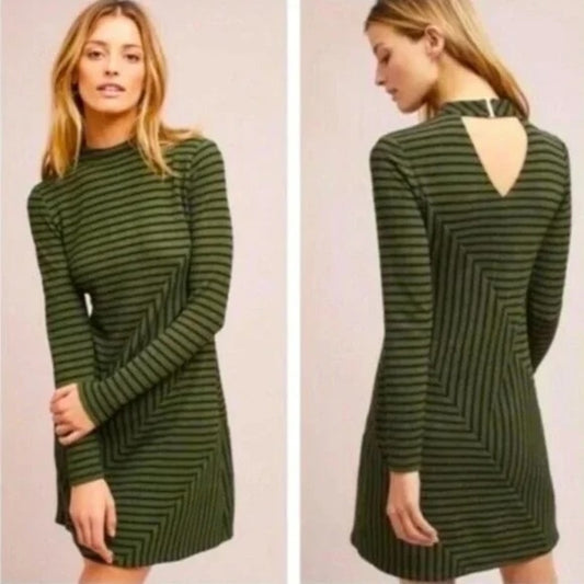 Hutch Anthropologie Striped Long Sleeve Mini Shirt Dress Green XL