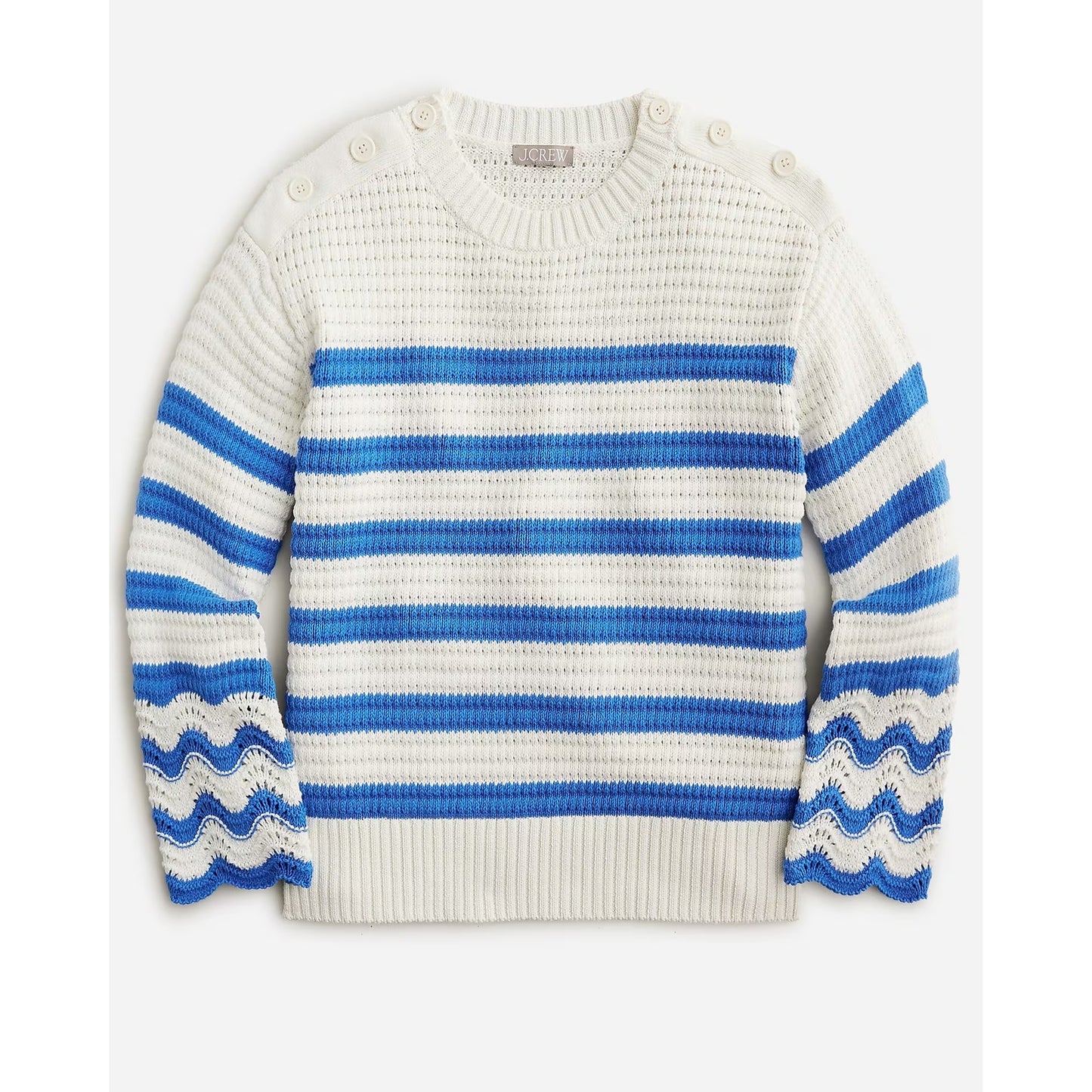 J. Crew Textured Striped Long Sleeve Crewneck Pullover Sweater White Blue Medium