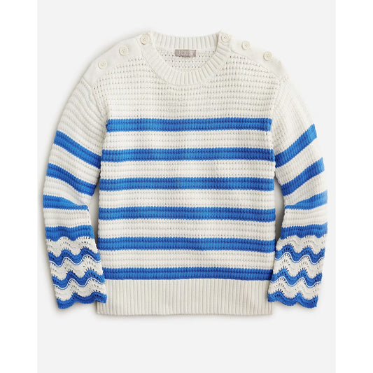 J. Crew Textured Striped Long Sleeve Crewneck Pullover Sweater White Blue Medium