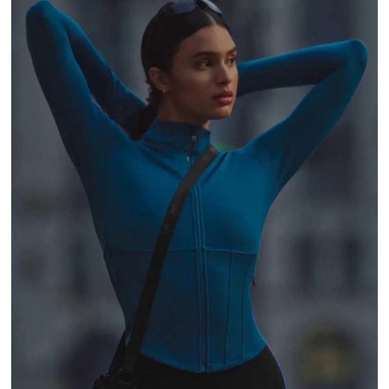 Alo Airbrush Corset Full Zip Long Sleeve Fitted Jacket Eclipse Blue Small