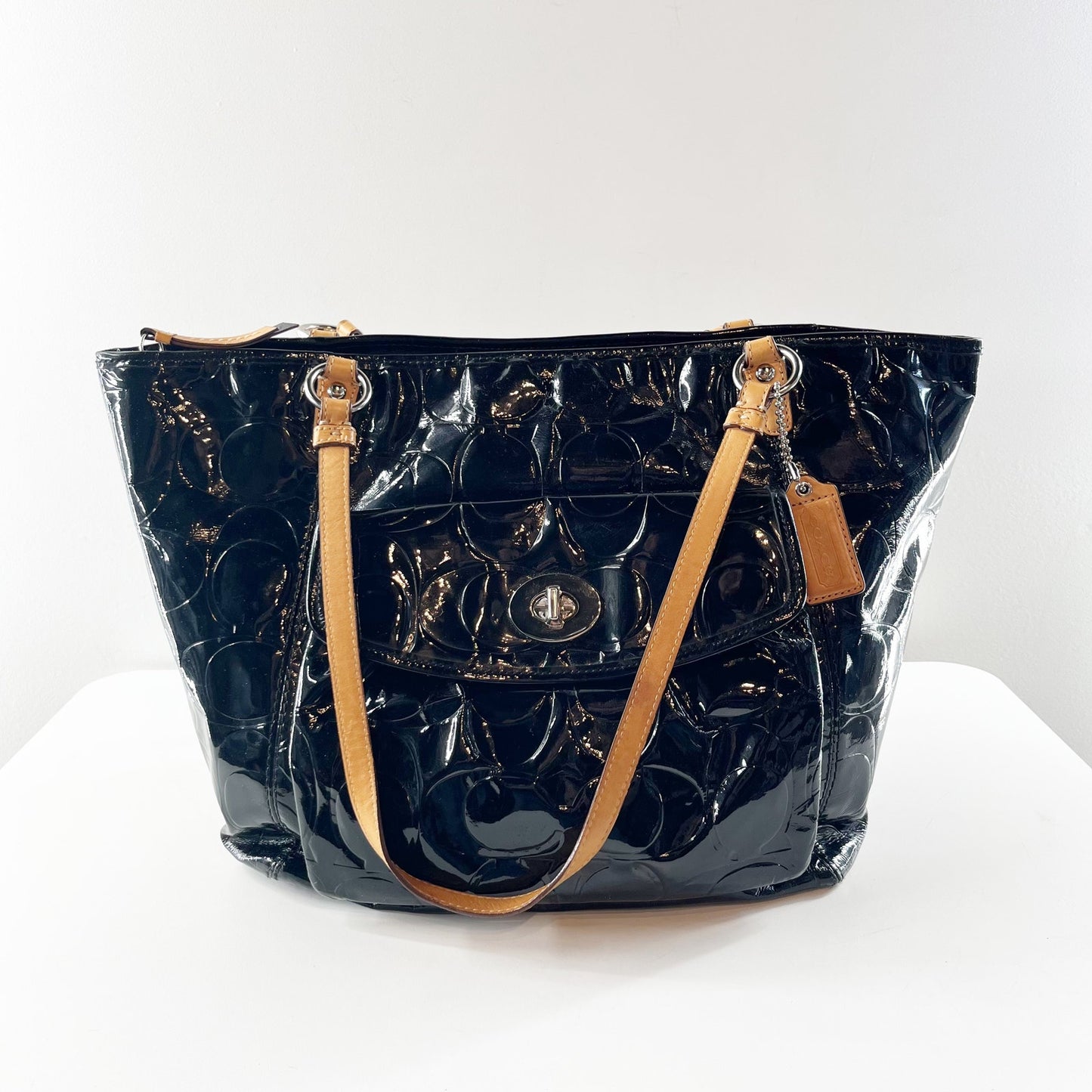 Coach Leah Black Embossed Patent Leather Signature Tote Handbag Purse