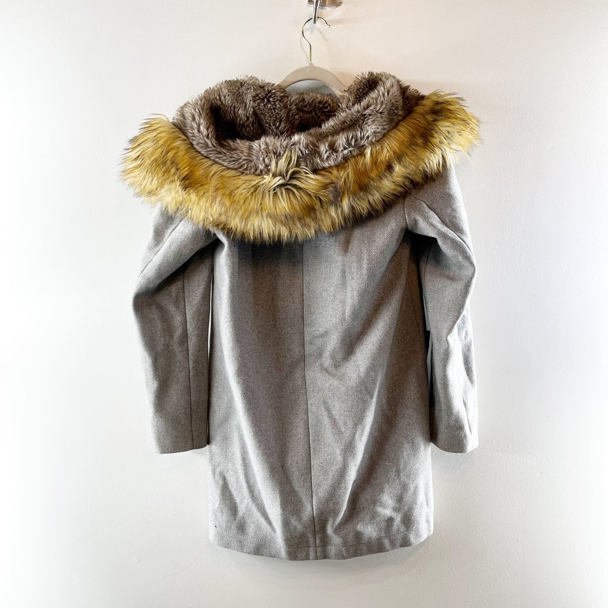Vince Camuto Wool Blend Long Sleeve Full Zip Fur Trim Hood Pea Coat Small Gray
