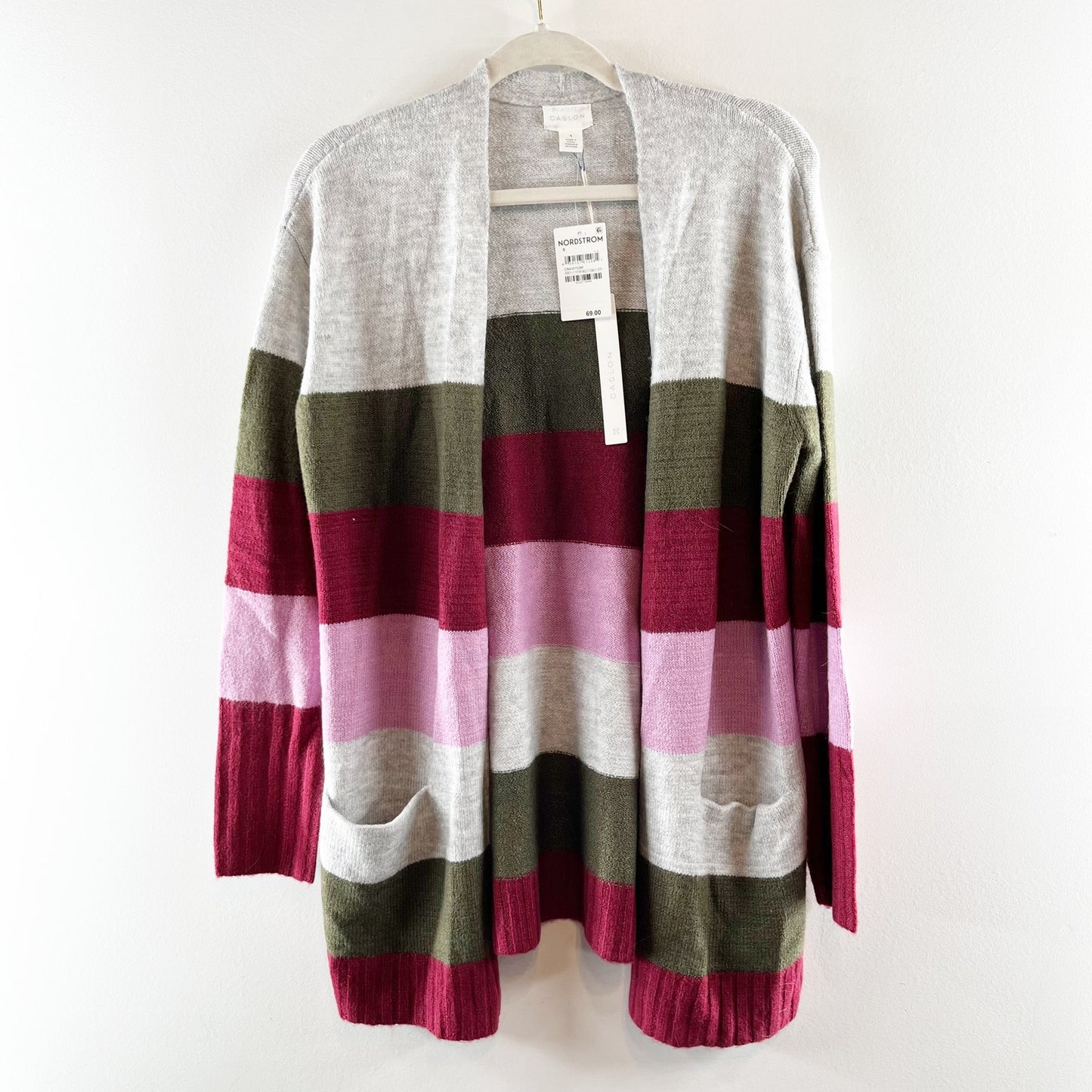 Caslon Long Sleeve Striped Colorblock Duster Open Cardigan Sweater Gray Small