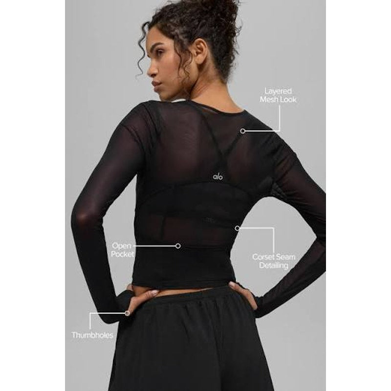 Alo Yoga Mesh Winter Twilight Long Sleeve Activewear T-Shirt Black Small