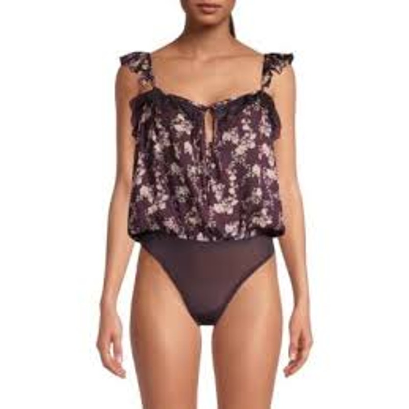 Free People Take It Away Ruffle Strap Floral Thong Bodysuit Brown Medium