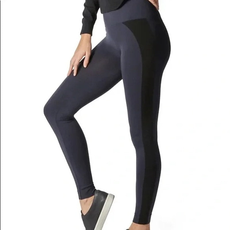 Spanx Exposed Mesh Contouring Colorblock Seamless Leggings Navy Blue Black Small