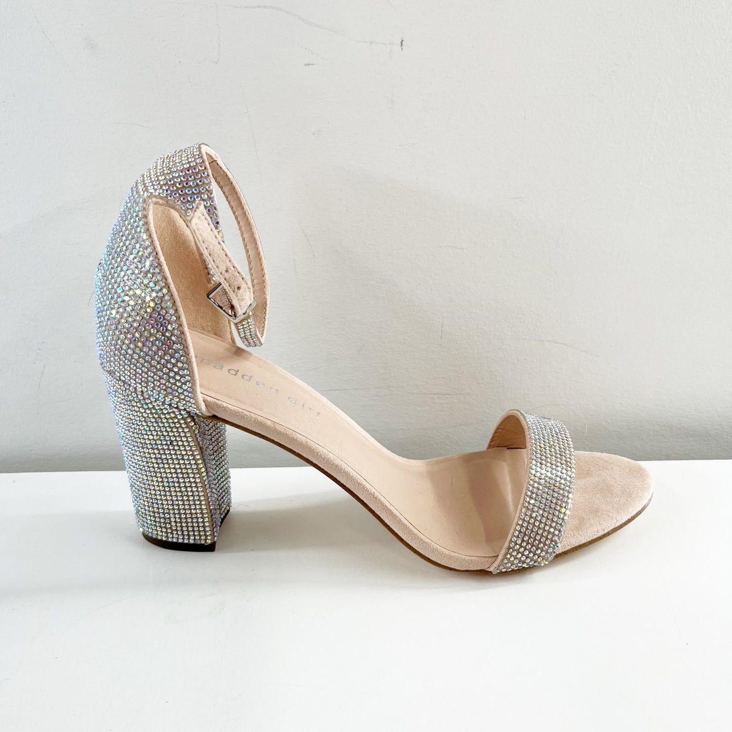 Madden Girl Beela R Rhinestone Ankle Strap Block Heel Dress Sandal Silver 10