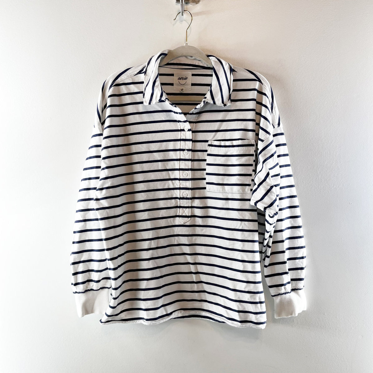 Aerie Take It Easy Long Sleeve Popover Polo Sweatshirt White Navy Small