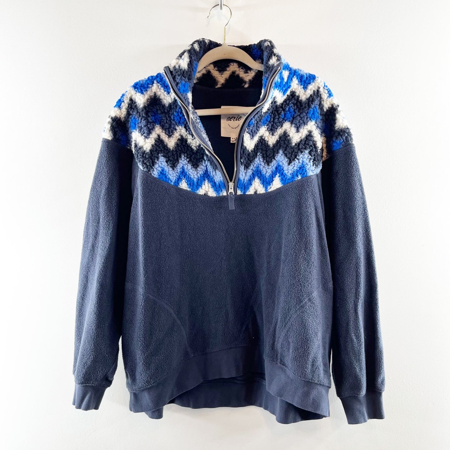 Aerie Hometown Holiday 1/4 Zip Fleece Pullover Jacket Sweatshirt Blue Medium