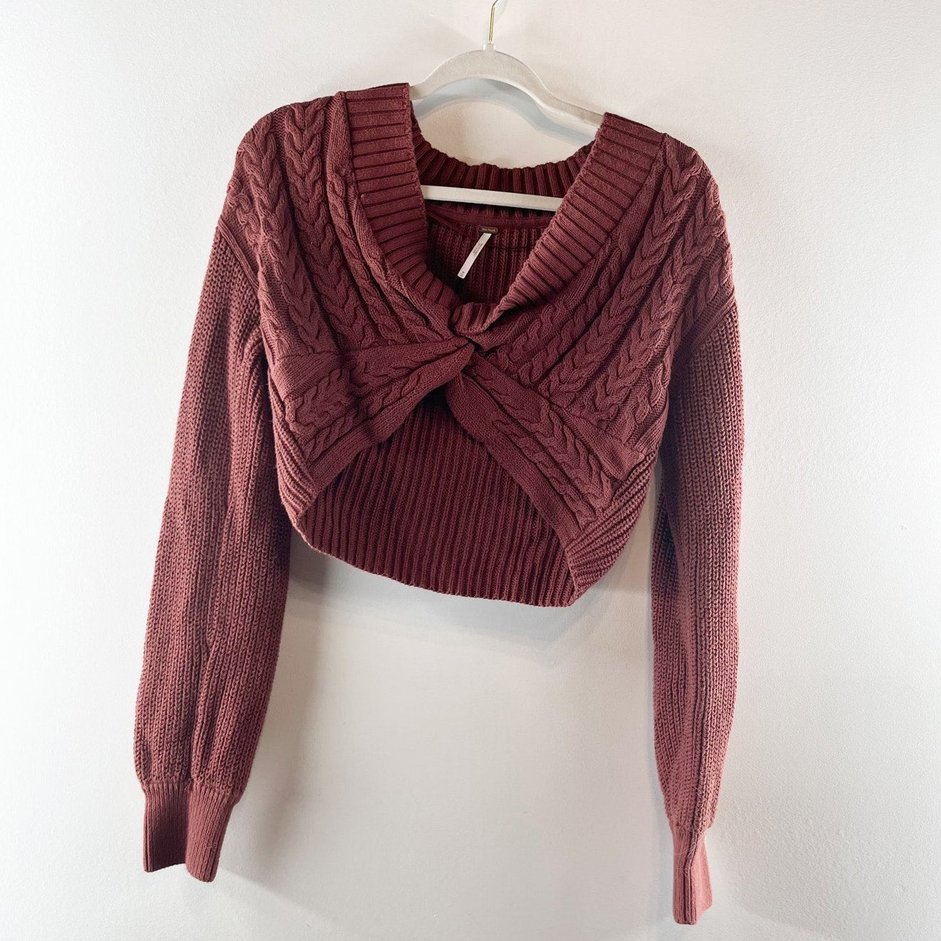 Free People Emilie Cropped Twist Front Cable Sweater Cherry Cola Red Medium