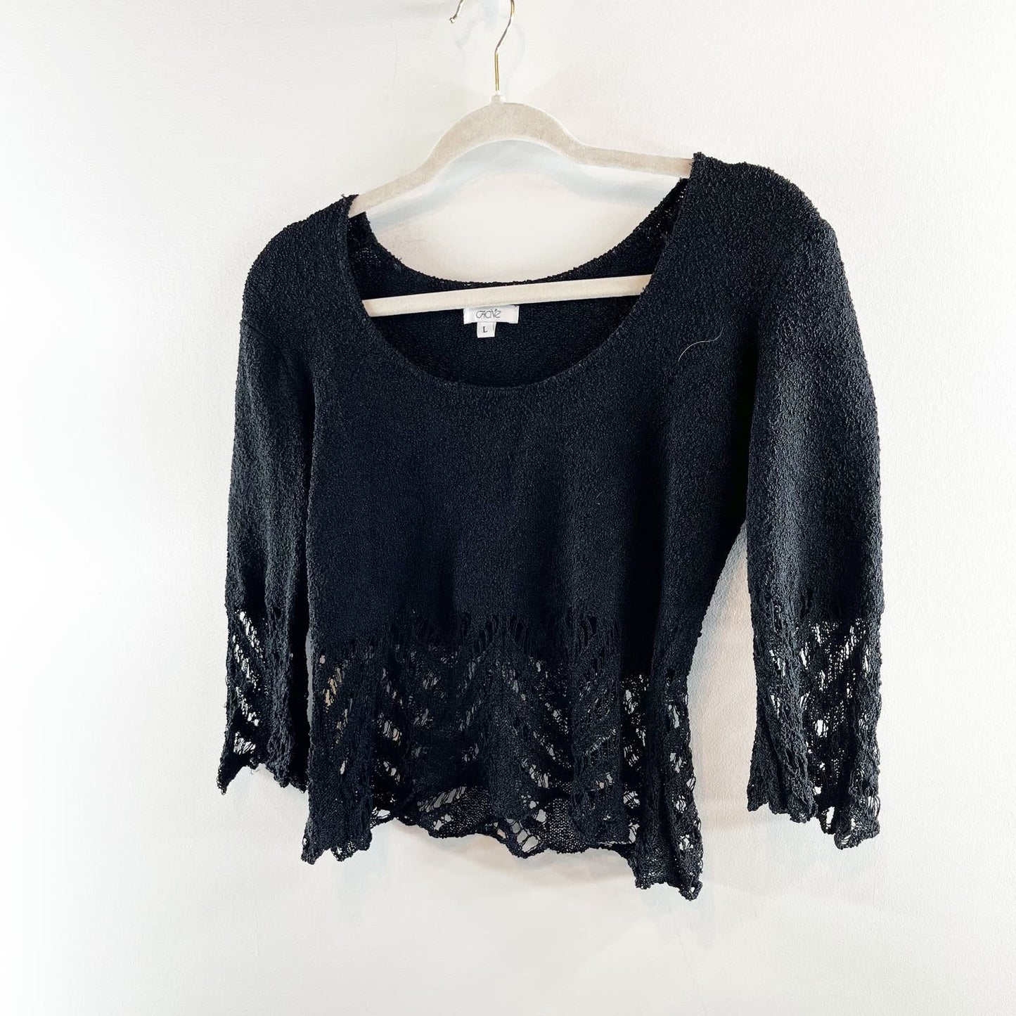 Cache Scoopneck 3/4 Sleeve Lace Crochet Trim Bell Sleeves Top Black Large