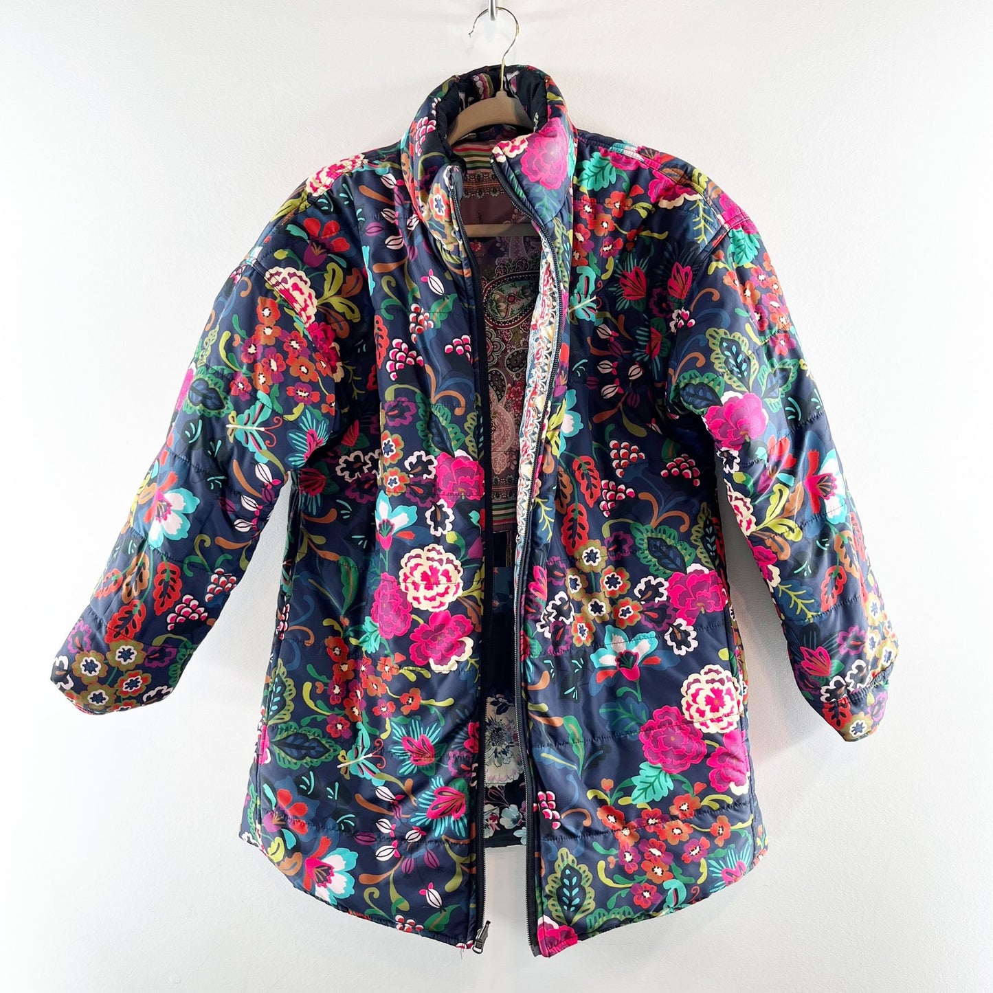 Johnny Was Reversible Puffer Coat Jacket Black Pink Printed XS