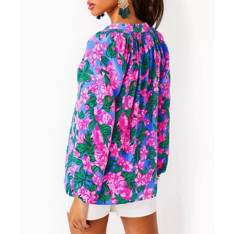 Lilly Pulitzer UPF 50+ Skipper Popover Blouse Cerise Pink Safari Sunset Large
