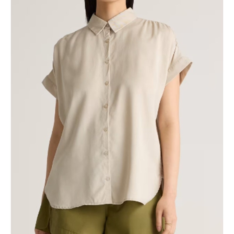 Quince Vintage Wash 100% Tencel Short Sleeve Camp Shirt Shale Tan XL