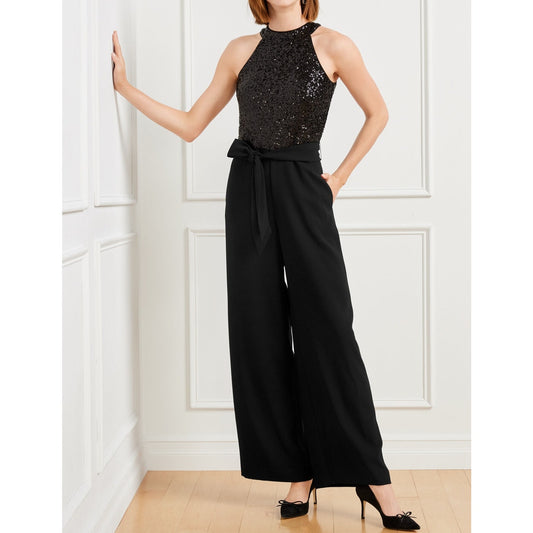 Talbots Embellished Sequin Crepe Halter Tie Waist Wide Leg Jumpsuit Black 12