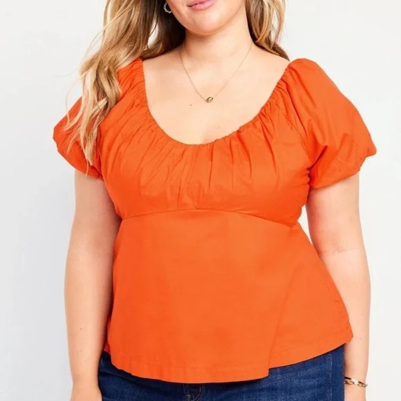 Old Navy Waist-Defined Short Puff Sleeve V-Neck Top Blouse Warm Sunset Orange 2X